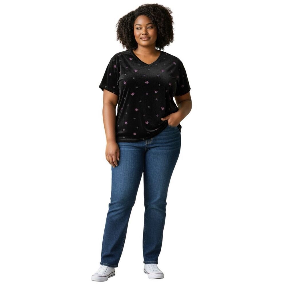 Vtg Russ Woman Liz Claiborne Black Velvet Floral V-Neck Top Plus 22W/24W